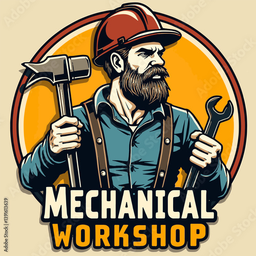 Skilled worker in mechanical workshop holding tools and wearing safety helmet during day