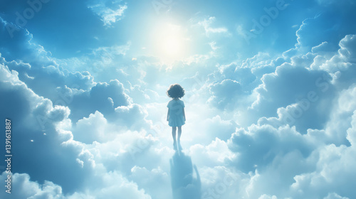 girl stands in clouds, gazing at bright sky