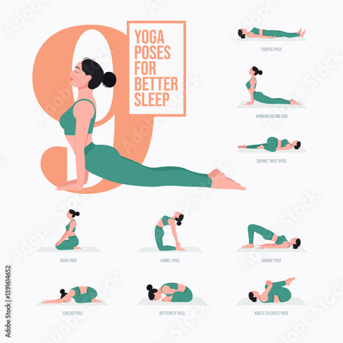 Yoga poses For Better Sleep. Young woman practicing Yoga pose. Woman workout fitness, aerobic and exercises. Vector Illustration. 
