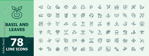 Leaves icon collection. Includes thin line symbols nature, basil, tree, ecology, plant, eco and more. Isolated icons. Leaf icon set. Minimalist icons pack.
