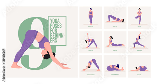 Yoga poses For Beginners. Young woman practicing Yoga pose. Woman workout fitness, aerobic and exercises. Vector Illustration. 
