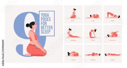 Yoga poses For Better Sleep. Young woman practicing Yoga pose. Woman workout fitness, aerobic and exercises. Vector Illustration. 
