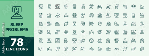 Sleep Problems icon set. Containing bedding, trouble, sleepless, bedtime, insomnia, problem and more. Minimal icons collection. Sleep related icon set. Signs for web and mobile app.