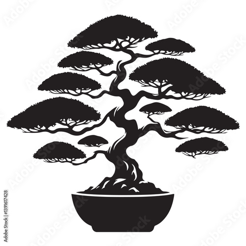 Silhouette Bonsai Tree Vector for Serenity Zen and Nature