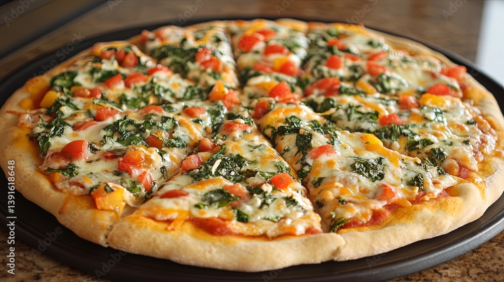 A delicious homemade pizza with toppings of cheese and vegetables pic A delicious homemade pizza with toppings of cheese and vegetables pic
