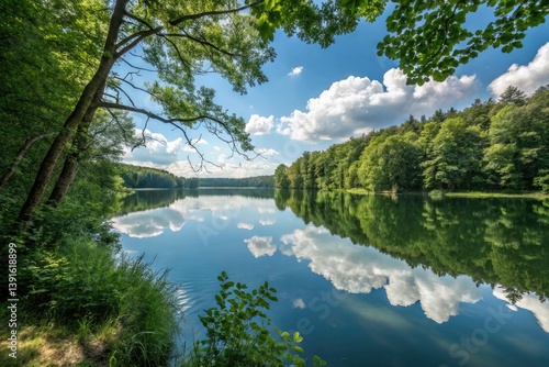 Clouds drift lazily, their reflections shimmering in the still, forest lake.
