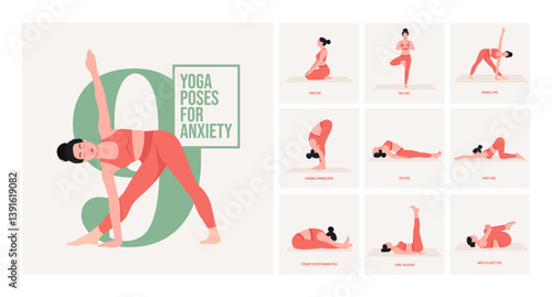 Yoga poses For Anxiety. Young woman practicing Yoga pose. Woman workout fitness, aerobic and exercises. Vector Illustration. 
