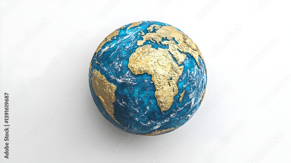A handcrafted globe model depicts Earth with teal oceans and gold continents on a white background. A handcrafted globe model depicts Earth with teal oceans and gold continents on a white background.