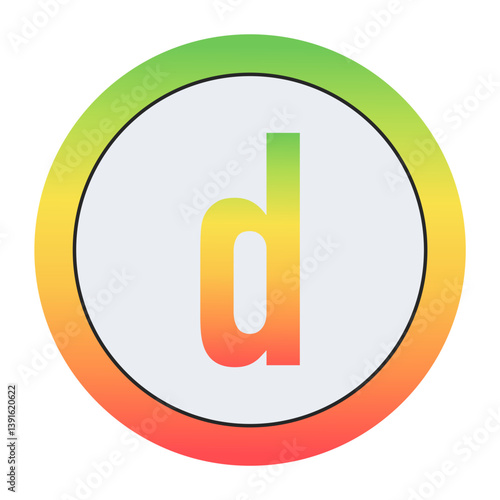 Vibrant Lowercase letter d design with green-red gradient border and light gray inner circle. Perfect for contemporary logo design or creative visual identity.