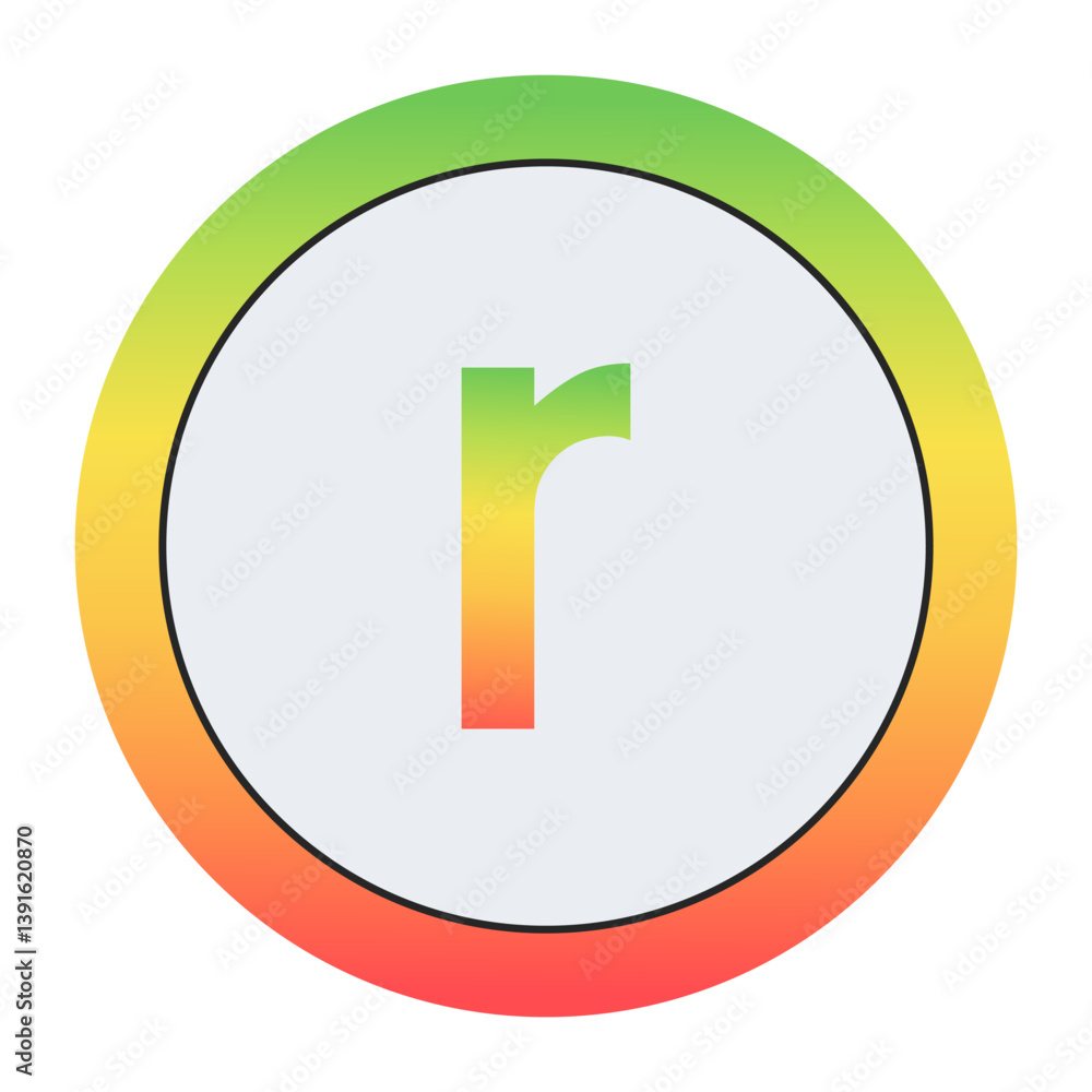 Vibrant Lowercase letter r design with green-red gradient border and light gray inner circle. Perfect for contemporary logo design or creative visual identity. Vibrant Lowercase letter r design with green-red gradient border and light gray inner circle. Perfect for contemporary logo design or creative visual identity.