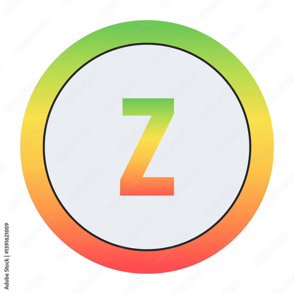 Vibrant Lowercase letter z design with green-red gradient border and light gray inner circle. Perfect for contemporary logo design or creative visual identity. Vibrant Lowercase letter z design with green-red gradient border and light gray inner circle. Perfect for contemporary logo design or creative visual identity.