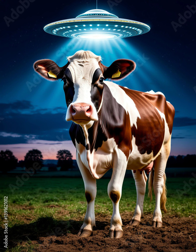 A whimsical scene featuring a cow standing in a field at dusk, with a glowing UFO hovering overhead, casting an ethereal light on the curious animal below.