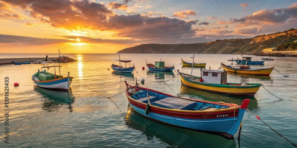 Naklejka premium Coastal calm at sunset: a picturesque seascape featuring colorful fishing boats. Travel photography perfection.