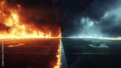 split scene image depicting American football field with fire