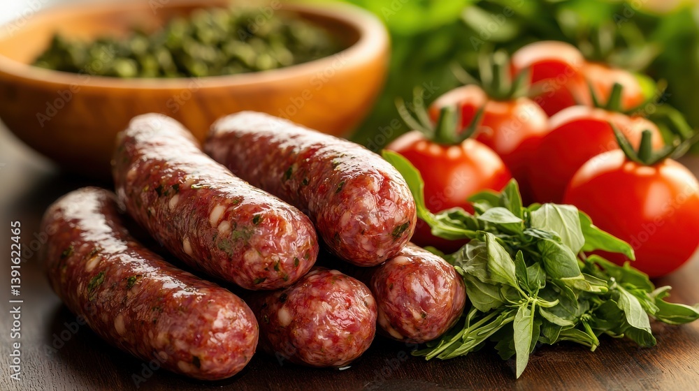 A close-up of fresh sausages with basil and ripe tomatoes, showcasing vibrant colors and ingredients for a delicious meal.