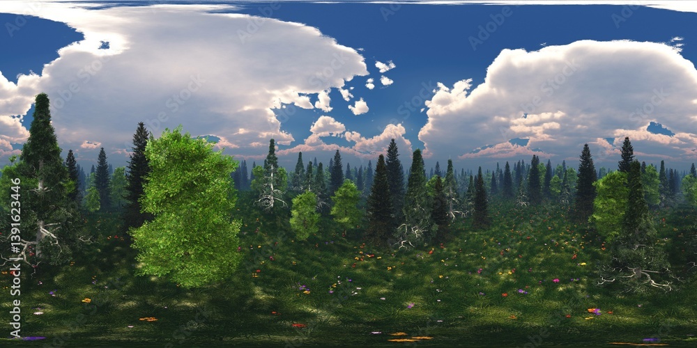 Obraz premium Beautiful flower meadows among the forest, flower hills view, HDRI, environment map , Round panorama, spherical panorama, equidistant projection, panorama 360