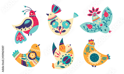 Various Birds with Folk Ornament and Decor Vector Set