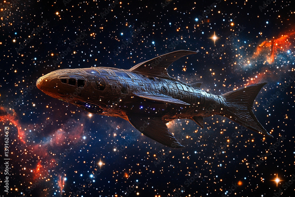 Futuristic spaceship shaped like a fish gliding through a star-filled cosmos Futuristic spaceship shaped like a fish gliding through a star-filled cosmos