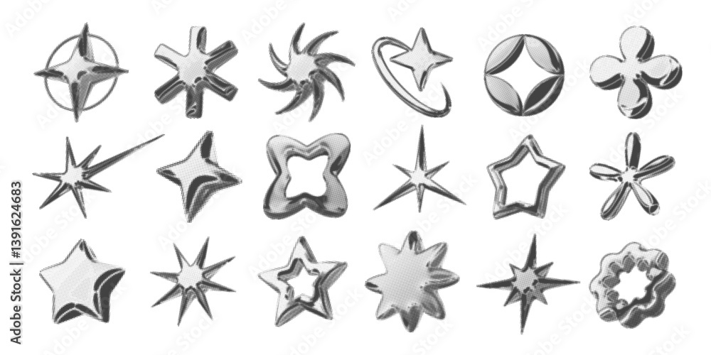 Y2k 3d chrome halftone stars shape retro abstract elements vector illustration set. Chrome silver 3d metallic halftone semitone retro effect collection. Y2k space various star retro futuristic shapes. Y2k 3d chrome halftone stars shape retro abstract elements vector illustration set. Chrome silver 3d metallic halftone semitone retro effect collection. Y2k space various star retro futuristic shapes.
