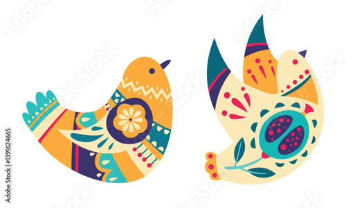 Various Birds with Folk Ornament and Decor Vector Set