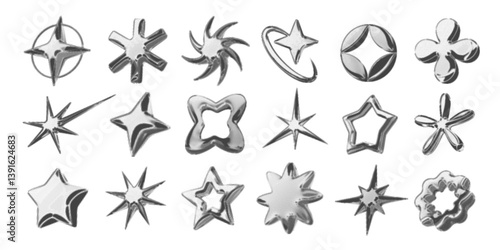 Y2k 3d chrome halftone stars shape retro abstract elements vector illustration set. Chrome silver 3d metallic halftone semitone retro effect collection. Y2k space various star retro futuristic shapes.