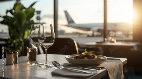 A beautifully set dining table at an airport restaurant, featuring a plate of food and glasses, with an airplane visible through the window.