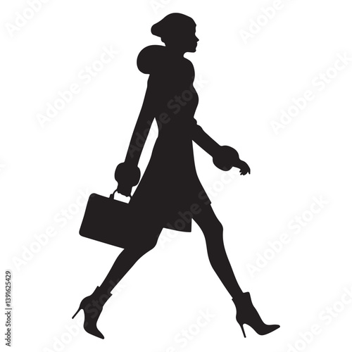 Fashionable Woman Walking Silhouette Stylish Outfit Handbag Vector Art