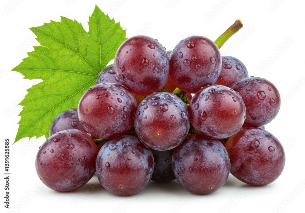 A cluster of fresh red grapes with water droplets and a green leaf on a white background close up view A cluster of fresh red grapes with water droplets and a green leaf on a white background close up view