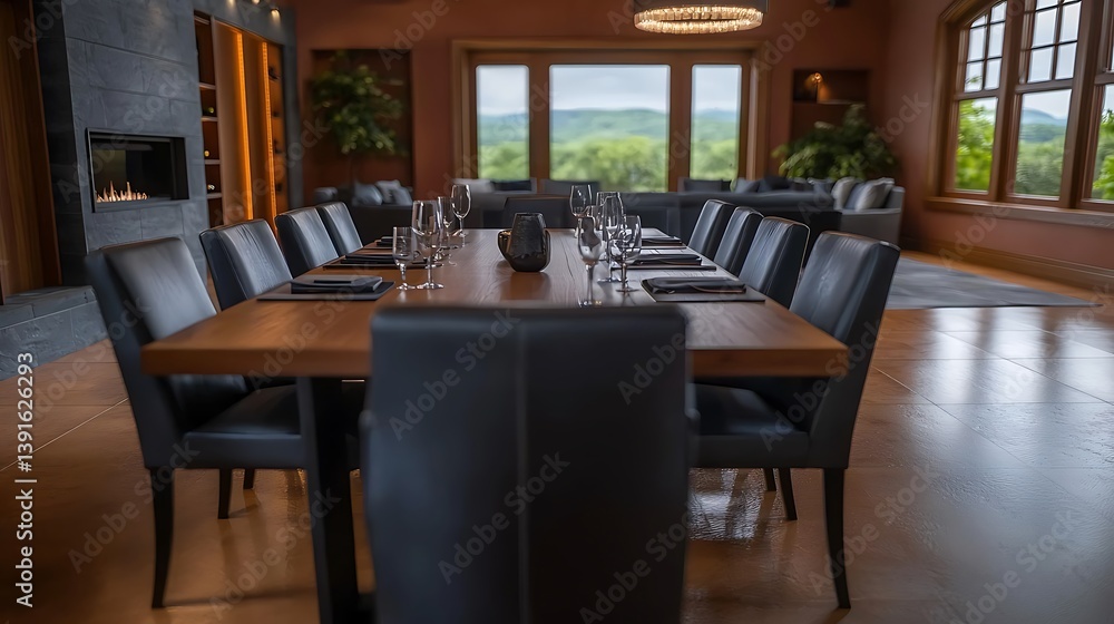 Elegant dining room setup with a long table, surrounded by chairs, overlooking a scenic view Elegant dining room setup with a long table, surrounded by chairs, overlooking a scenic view
