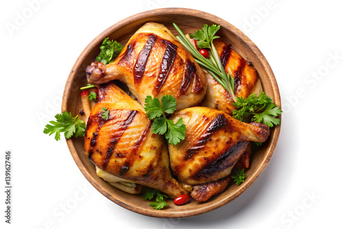 Delicious roasted and grilled chicken with vegetables and potatoes on a plate photo