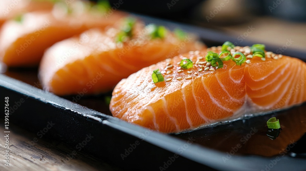 Fresh salmon fillets garnished with green onions, elegantly presented on a black plate, highlighting their vibrant color and texture. Fresh salmon fillets garnished with green onions, elegantly presented on a black plate, highlighting their vibrant color and texture.