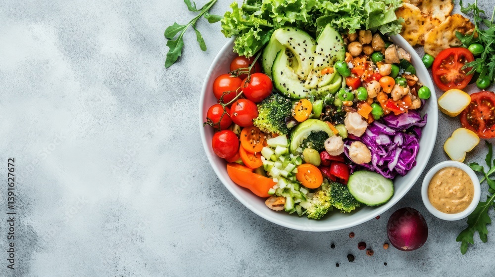 Colorful Healthy Vegetarian Bowl on Gray Surface Colorful Healthy Vegetarian Bowl on Gray Surface