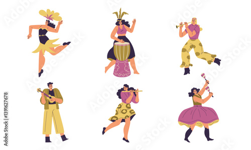 Brazilian Festival with People Dancing and Playing Musical Instrument Vector Set