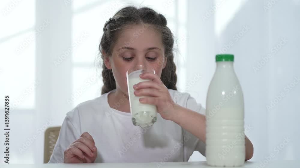 Happy girl drinks milk. Young girl enjoying milk drink in bright room. Healthy drink concept. Happy child drinking milk for strong bones. Caucasian girl loves milk. Kids nutrition, drink benefits.