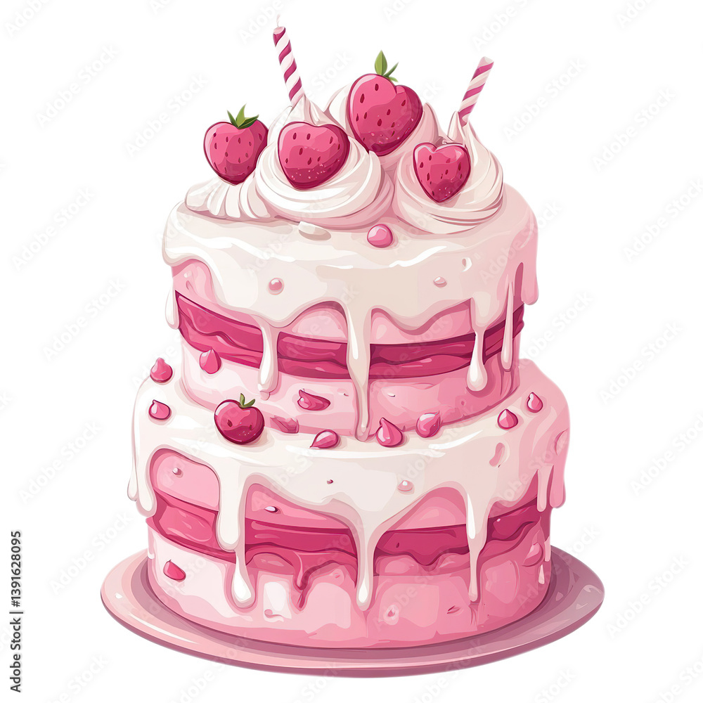pink cake with cherry isolated on transparent background, clipping path, png, pink cake with cherry isolated on transparent background, clipping path, png,
