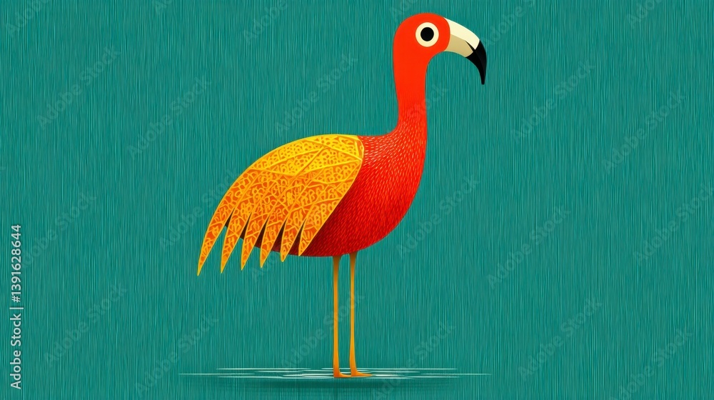 Obraz premium Stylized Flamingo Illustration with Orange and Yellow Plumage on Teal Textured Background
