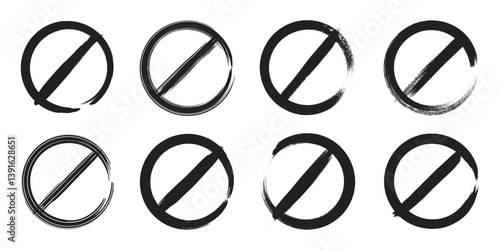 Hand drawn brush paint forbidden vintage grunge style red stop sign vector illustration set. Red crossed circle ban prohibited stop sign with hand drawn paint brush style warning refusing symbol set.