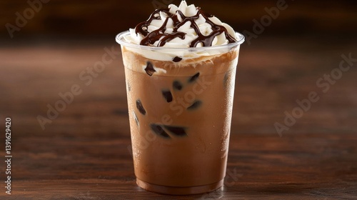 A delicious iced coffee topped with whipped cream and chocolate drizzle, served in a clear cup with condensation on the outside.