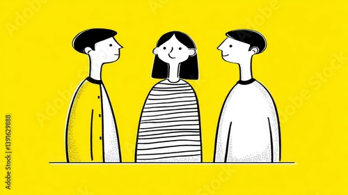 Stylized Line Art Illustration Three Figures Conversational Yellow Background