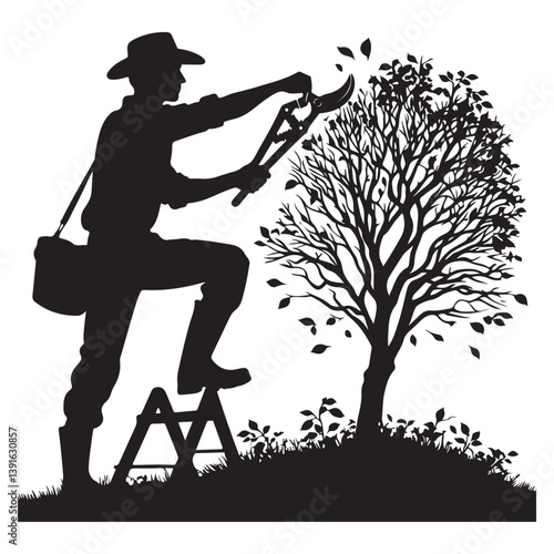 Gardener Silhouette Cutting Tree Branches Vector Art Illustration