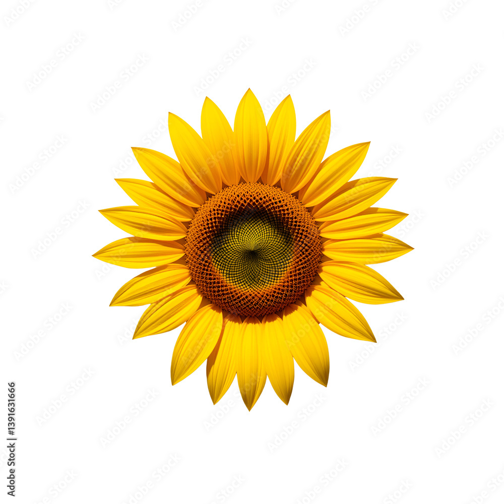 Fototapeta premium A bright yellow sunflower with its petals spread wide, casting a soft shadow on a plain white background, ultra-detailed and photorealistic.