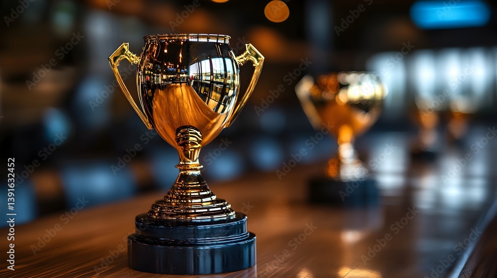 A gleaming gold trophy sits proudly on a dark wood table with other awards blurred in the background, celebrating victory. A gleaming gold trophy sits proudly on a dark wood table with other awards blurred in the background, celebrating victory.