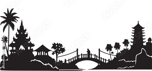 Asian Landscape Silhouette Vector Design with Pagodas and Bridges