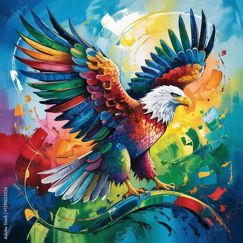 A vibrant and colorful digital painting of a majestic bald eagle in an abstract style, featuring bold strokes, bright hues, and a dynamic artistic composition perfect for modern art lovers. 