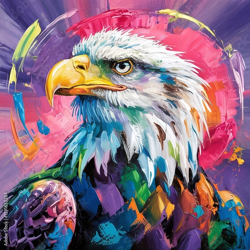 A vibrant and colorful digital painting of a majestic bald eagle in an abstract style, featuring bold strokes, bright hues, and a dynamic artistic composition perfect for modern art lovers. 