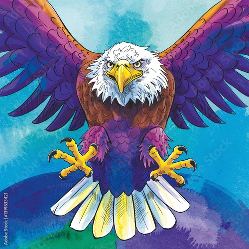 A vibrant and colorful digital painting of a majestic bald eagle in an abstract style, featuring bold strokes, bright hues, and a dynamic artistic composition perfect for modern art lovers. 