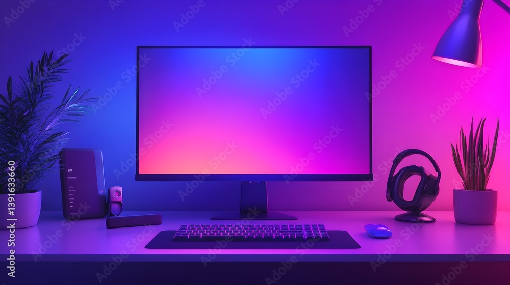 A vibrant modern workspace features a large monitor glowing with pink and blue light, a keyboard, mouse, headphones, and potted plants.