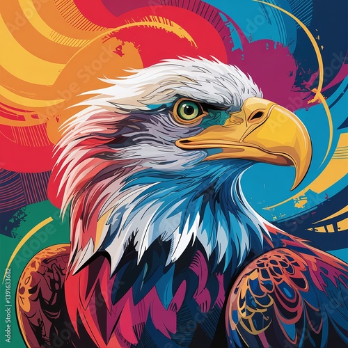 A vibrant and colorful digital painting of a majestic bald eagle in an abstract style, featuring bold strokes, bright hues, and a dynamic artistic composition perfect for modern art lovers. 