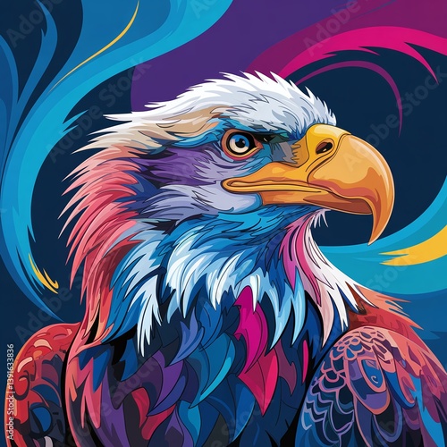 A vibrant and colorful digital painting of a majestic bald eagle in an abstract style, featuring bold strokes, bright hues, and a dynamic artistic composition perfect for modern art lovers. 