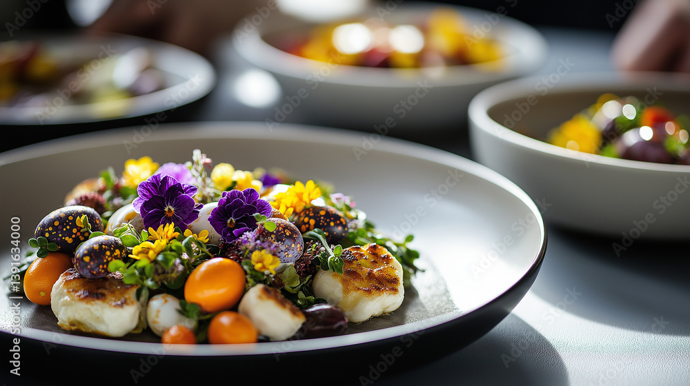 Gourmet salad artfully garnished with edible blooms, kumquats, seared scallops plated in professional kitchen amid culinary preparations Gourmet salad artfully garnished with edible blooms, kumquats, seared scallops plated in professional kitchen amid culinary preparations